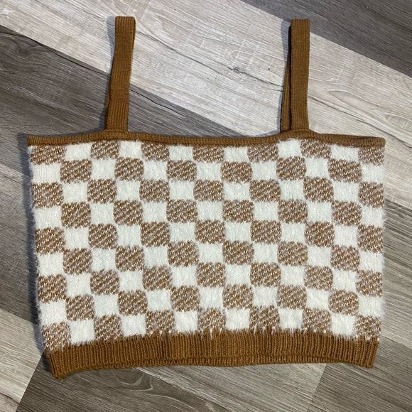 Hazel Moon Brown Cream Checkered Fuzzy Soft Cami Crop Top, Size Medium - Picture 1 of 10